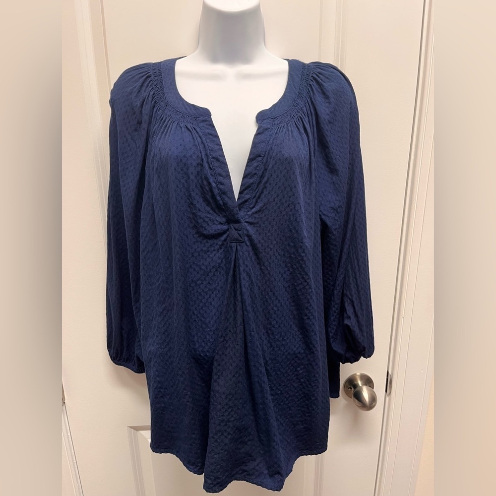 Boho Coastal Grandma Navy Blue Split Neck Tunic Blouse | Cottagecore Textured L